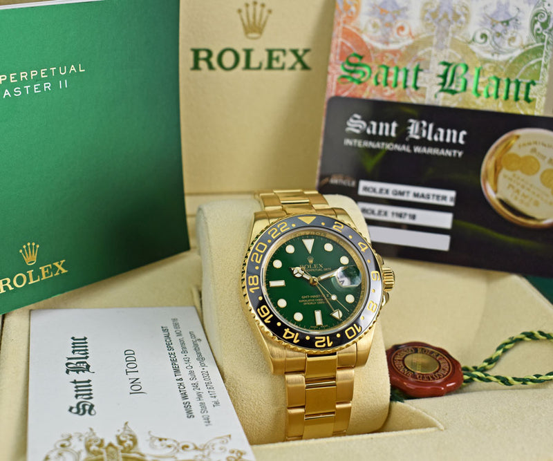 ROLEX Mens 18kt Yellow Gold GMT Master II Green Dial Model 116718