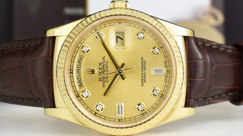ROLEX 18kt Gold DayDate 36 President On The Strap Diamond Dial Model 118138