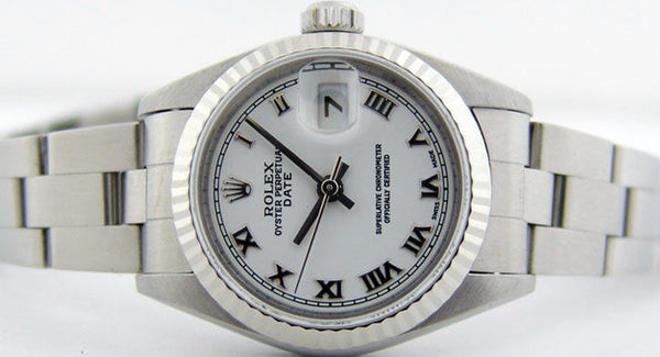 ROLEX 26mm Ladies 18kt White Gold & Stainless Steel DateJust White Roman Dial Model 79174